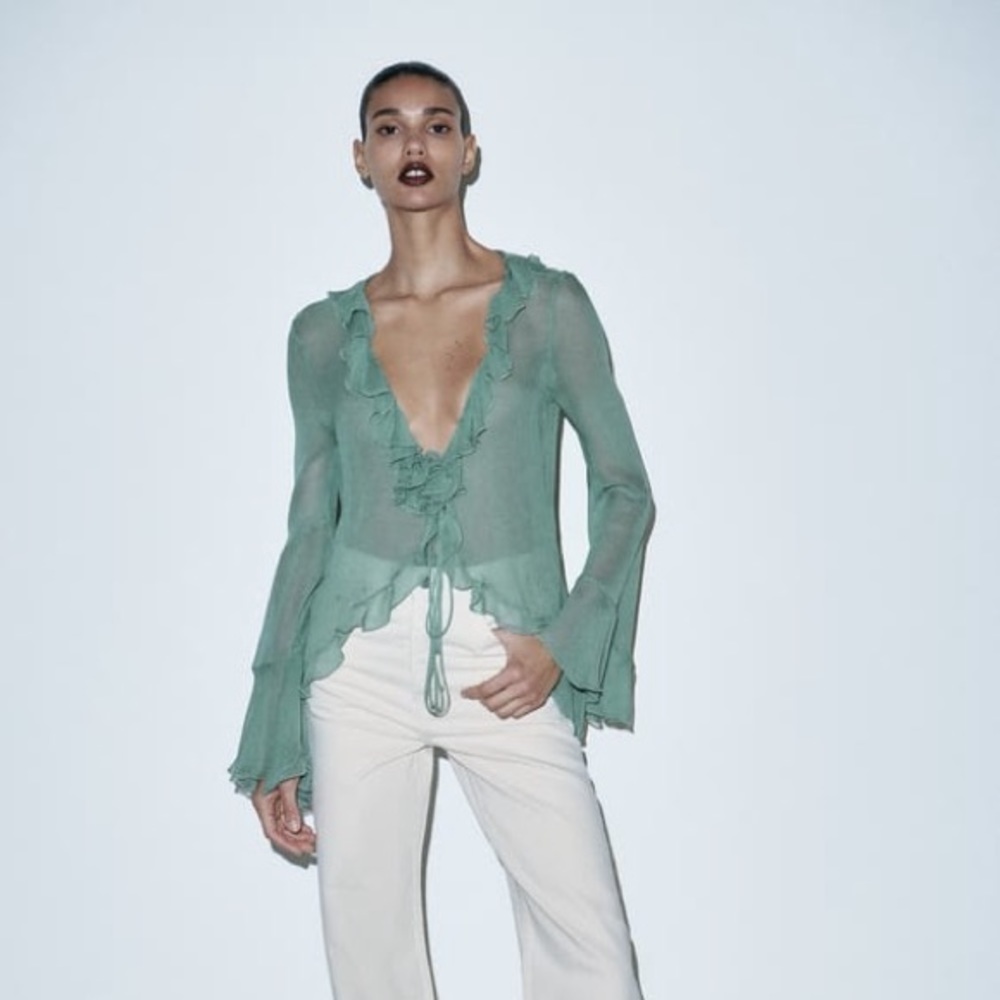 Zara semi sheer blouse with ruffles XS